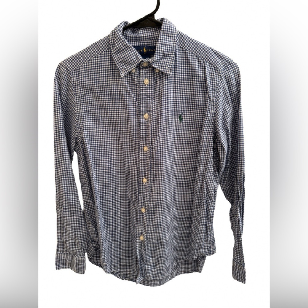 Boys Ralph Lauren Blue Checkered Long Sleeve Button Down Size L 14-16